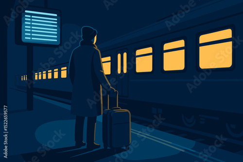A traveler stands at a train station at night, awaiting departure.