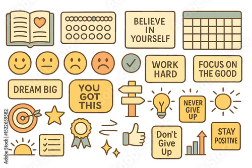 Motivational quotes and symbols for personal growth and positivity in a creative design layout