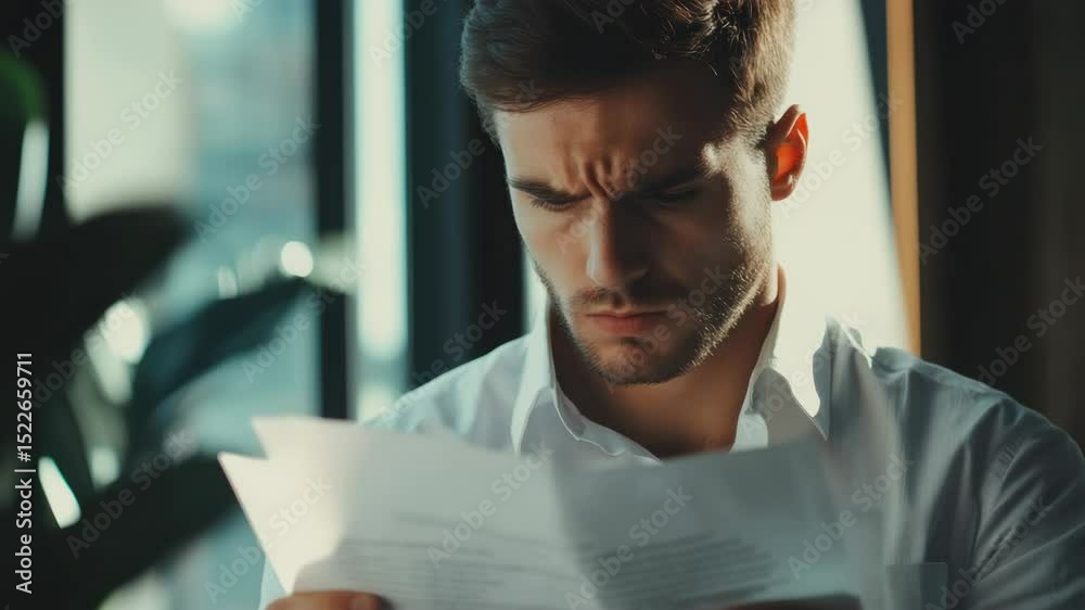 Man frowning over a stack of documents in an office setting, emphasizing on the importance or complexity of paperwork.