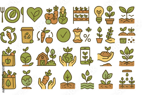 Various eco-friendly icons representing sustainable gardening and healthy eating habits