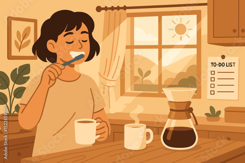 Morning routine includes brushing teeth and enjoying coffee in a cozy kitchen with a view of the mountains