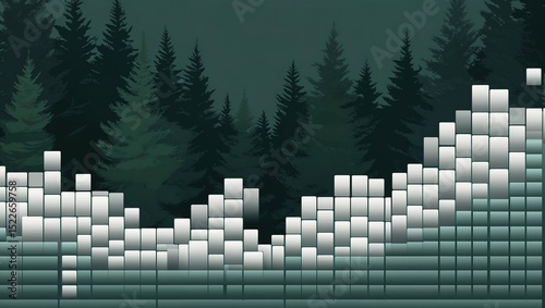 A tranquil Christmas landscape showcases a dark forest background filled with tall pine trees