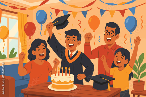 Celebration of graduation with family in a decorated living room filled with balloons and cake