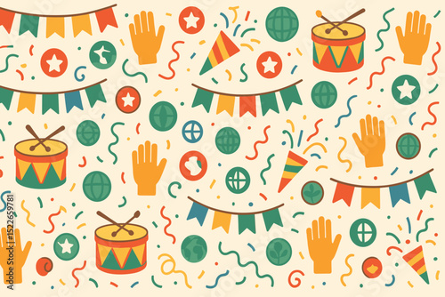 Colorful festive pattern featuring drums, hands, banners, and globe designs for celebrations and parties