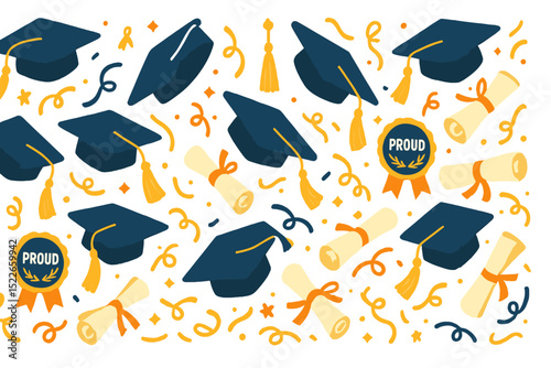 Graduation celebration with caps, diplomas, and decorations in bright colors for an exciting achievement