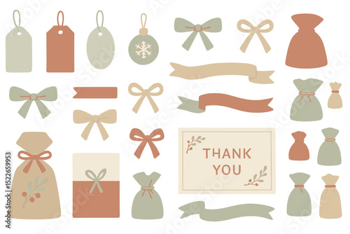 Creative collection of holiday gift tags, bows, and pouches in muted colors perfect for festive wrapping