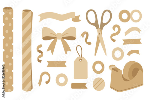 Crafting supplies layout with wrapping paper, scissors, and decorative elements for creative projects