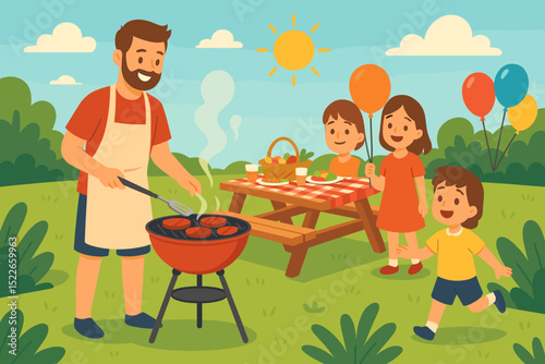 Children enjoying a picnic while a man barbecues in a sunny park during a family gathering