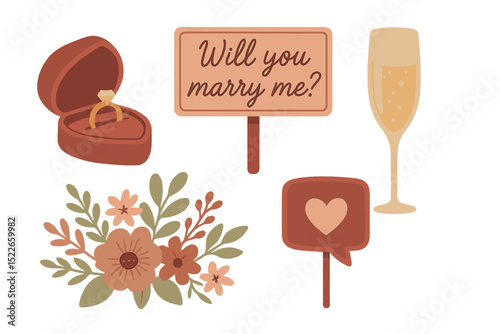 Romantic proposal elements with a ring, champagne, flowers, and a sign asking for marriage in an intimate setting