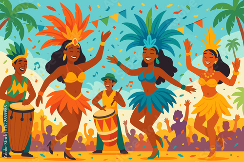 Celebration with vibrant dancers and musicians at a lively festival under sunny skies