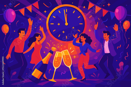 Celebration at midnight with friends enjoying champagne and dancing under colorful decorations