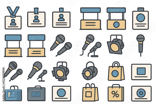 Collection of various icons representing events, identification, and media equipment for conferences and gatherings