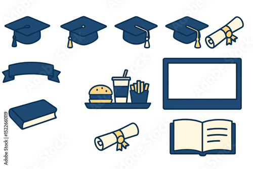 Education and graduation icon set with books, caps, and diplomas