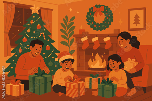 Family gathers around the Christmas tree to unwrap gifts and celebrate the holiday season