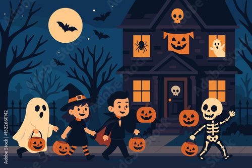 Children celebrate Halloween by trick-or-treating in costumes and carrying pumpkins near a decorated house at night