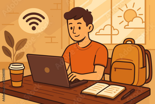 Young man working on laptop in cozy cafe during sunny afternoon with coffee and backpack nearby