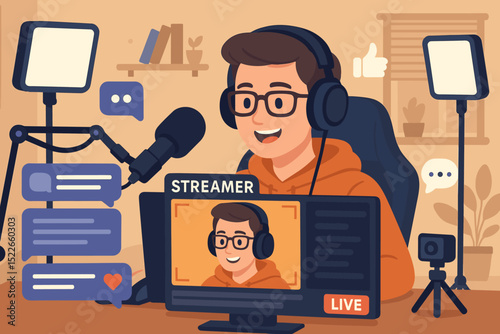 Young content creator live streaming from a cozy home studio setting with modern equipment and engaging with audience comments