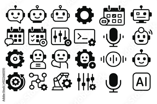 Icons representing artificial intelligence, robots, scheduling, and technology in a simple black and white design