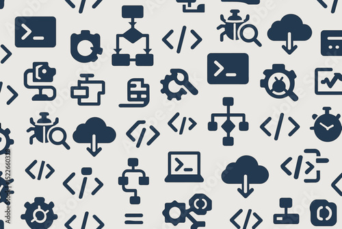 Seamless pattern of bold coding and tech icons on light background