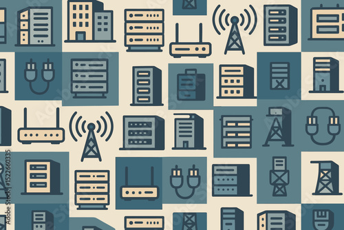 Patterns of technology with various servers, routers, and communication towers in a modern design