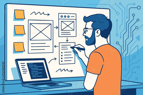 Designer mapping UI wireframes on whiteboard with laptop open