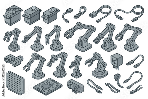 Various robotic components and accessories arranged in an organized layout for engineering and design tasks