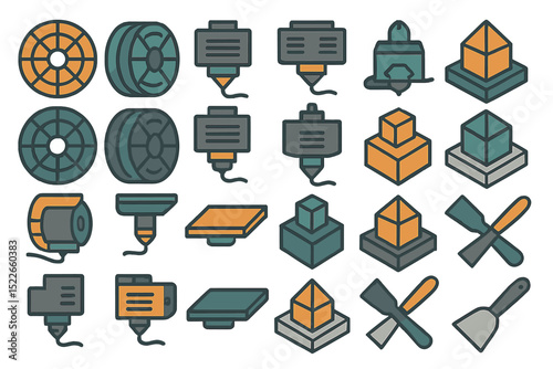 Vector icon set of 3D printing components including spools and nozzles