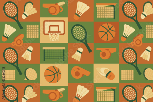 Colorful abstract pattern of sports equipment featuring basketball, tennis, badminton, and more in various tones and shapes