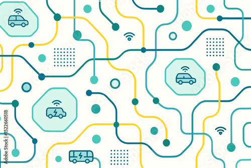 Innovative electric vehicle connectivity and charging graphic in modern design with vibrant colors and clear visuals