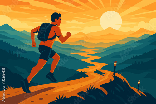 Runner enjoys morning jog along winding trail under vibrant sunrise in mountainous landscape
