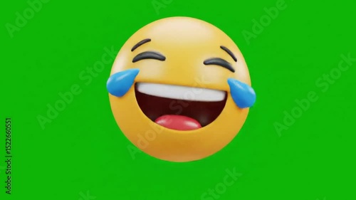 A bright yellow laughing emoji with tears streaming down its face, set against a vibrant green background