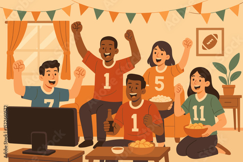 Friends celebrating during a sports event at home with snacks and drinks in a cozy living room atmosphere
