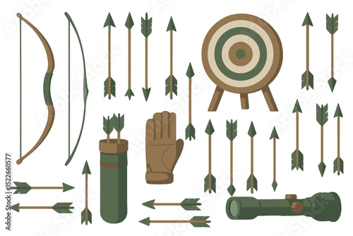Archery equipment with arrows, bow, and target displayed in a creative composition