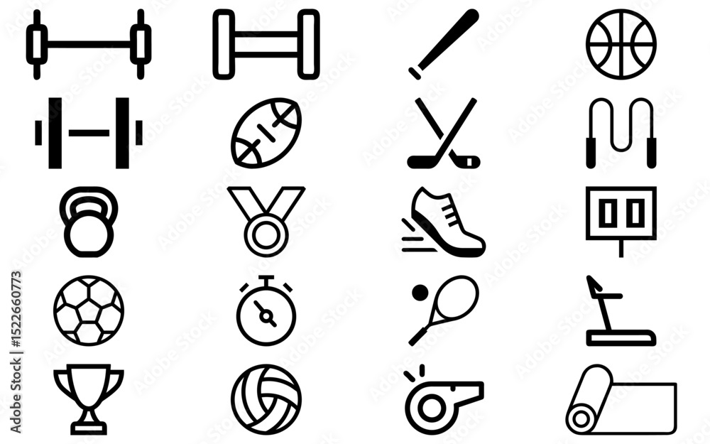 Fototapeta premium Sports & Fitness icons vector set. Exercise, gym, dumbbell, football, basketball, running, cycling, health activity symbols
