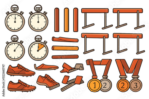 Track and field icon set with stopwatches, hurdles, batons, and medals