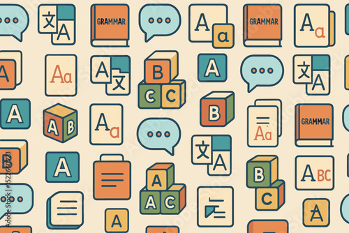 Colorful seamless pattern of grammar books, letters, and speech icons