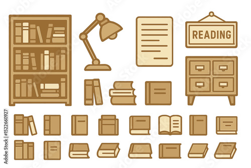 Minimal brown icon set of bookshelves, books, and reading symbols