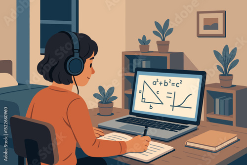 Student studying math online at night with headphones on