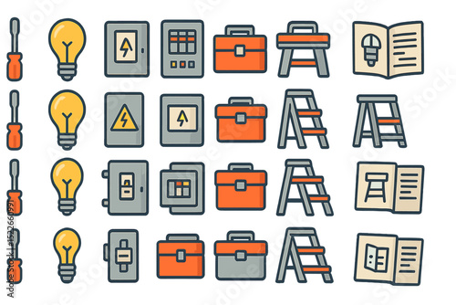 Colorful seamless pattern of electrician tools and safety icons