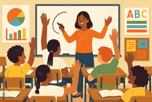 Teacher leading interactive classroom lesson with engaged students