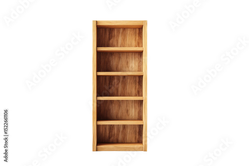 Tall wooden bookshelf with multiple shelves against white background, cut out