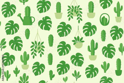 Green houseplant and cactus seamless pattern with light background