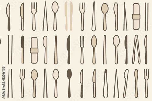 Seamless pattern of outlined kitchen utensils in neutral tones