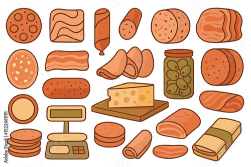 Hand-drawn deli meat and cheese icons with olives and scale