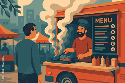 Man ordering food from a smoky grill food truck at outdoor market