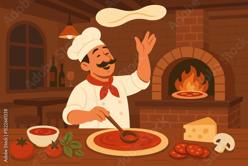Chef preparing pizza dough in cozy kitchen with traditional oven and fresh ingredients