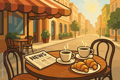 Sunny café terrace with coffee, croissants, and a newspaper on table