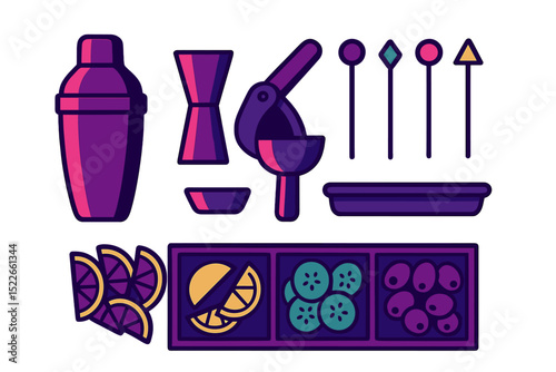 Colorful cocktail preparation tools and garnishes arranged for mixology