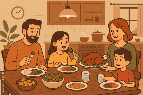 Illustration of a cheerful family enjoying dinner at home together