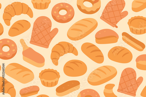 Seamless pattern of assorted baked goods and oven mitts in soft tones